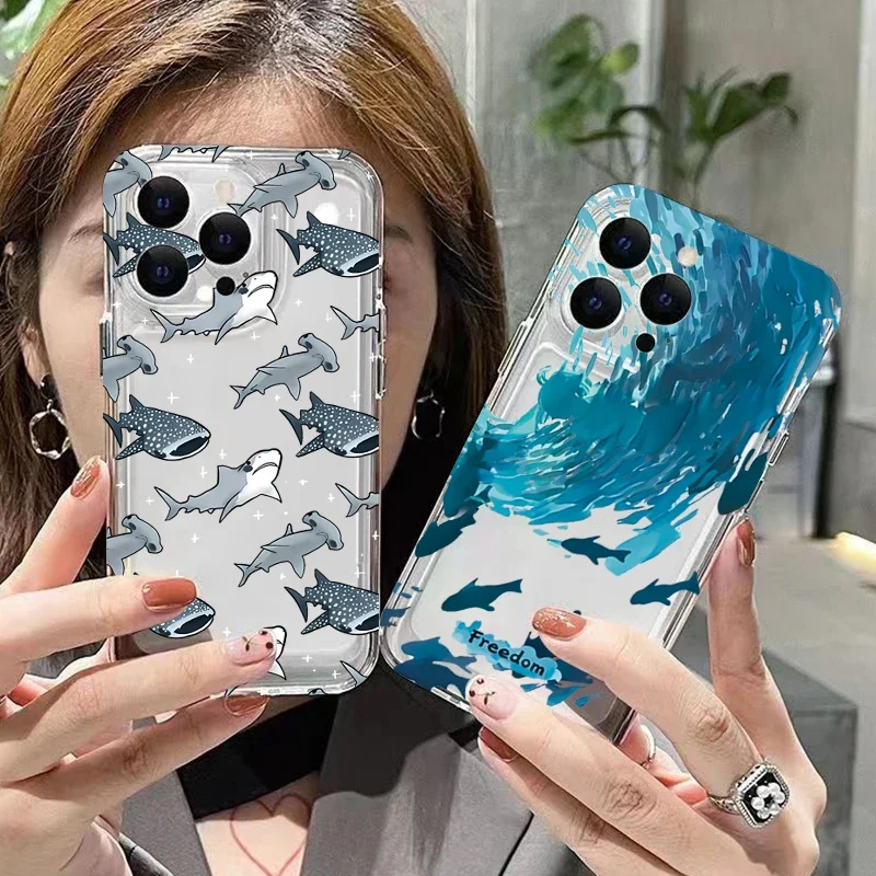 Summer Ocean Animals Shark Dolphin Fish Transparent Phone Case For iPhone 16 Pro Max 15 14 Plus 13 12 11 Shockproof Bumper Cover