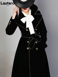 Lautaro Spring Autumn Long Black Velvet Trench Coat for Women with Gold Trim Sashes Double Breasted Luxury Designer Fashion 2022