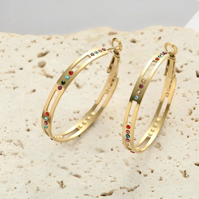 DLseek Boho Exaggerated Colorful Diamonds Hoop Earrings for Women Retro Gold Plated Stainless Steel Earring Charms Jewelry Gifts