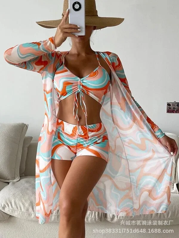 Summer Print Swimsuits Tankini Sets Female Swimwear Push Up For Beach Wear Three-Piece Bathing Suits Pool Women's Swimming Suit