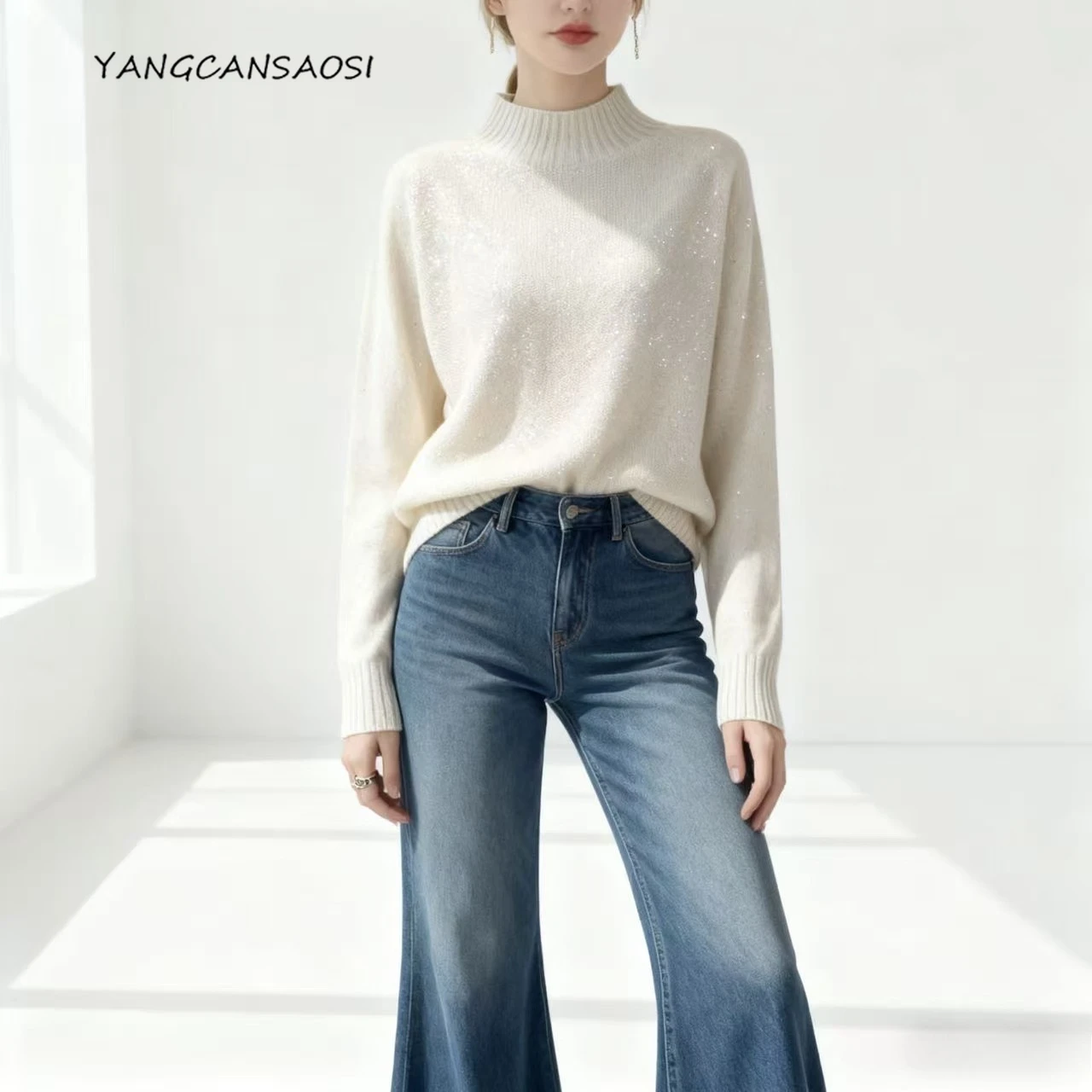 

Women's Autumn/Winter New Star Colorful Half High Collar 100% Wool Design Feel Bead Yarn Knitted Solid Long Sleeve Sweater