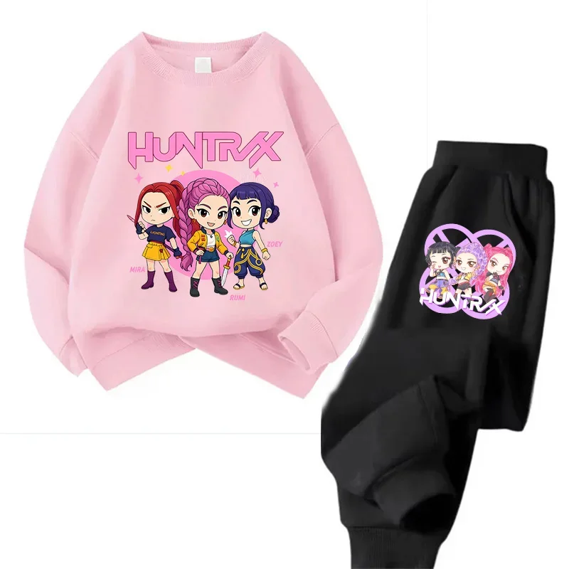Harajuku pulôver tripulação pescoço crianças hoodies conjuntos kpop demônios caçadores moletom anime trucksuit dos desenhos animados meninas menino crianças roupas