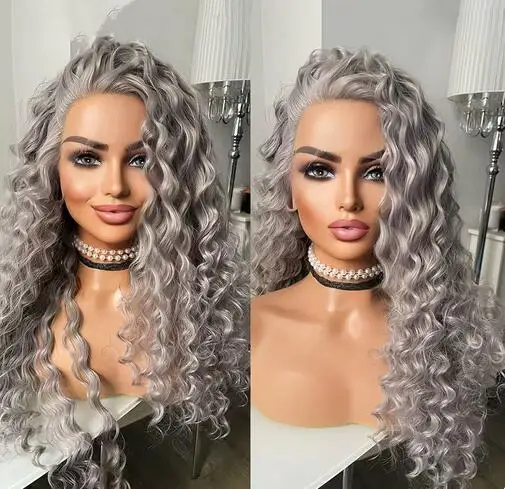 Grey Long Curly Wig Synthetic Lace Front Wigs for Women Grey Water Wave Wigs Free Part Ready To Wear Synthetic Hair Cosplay