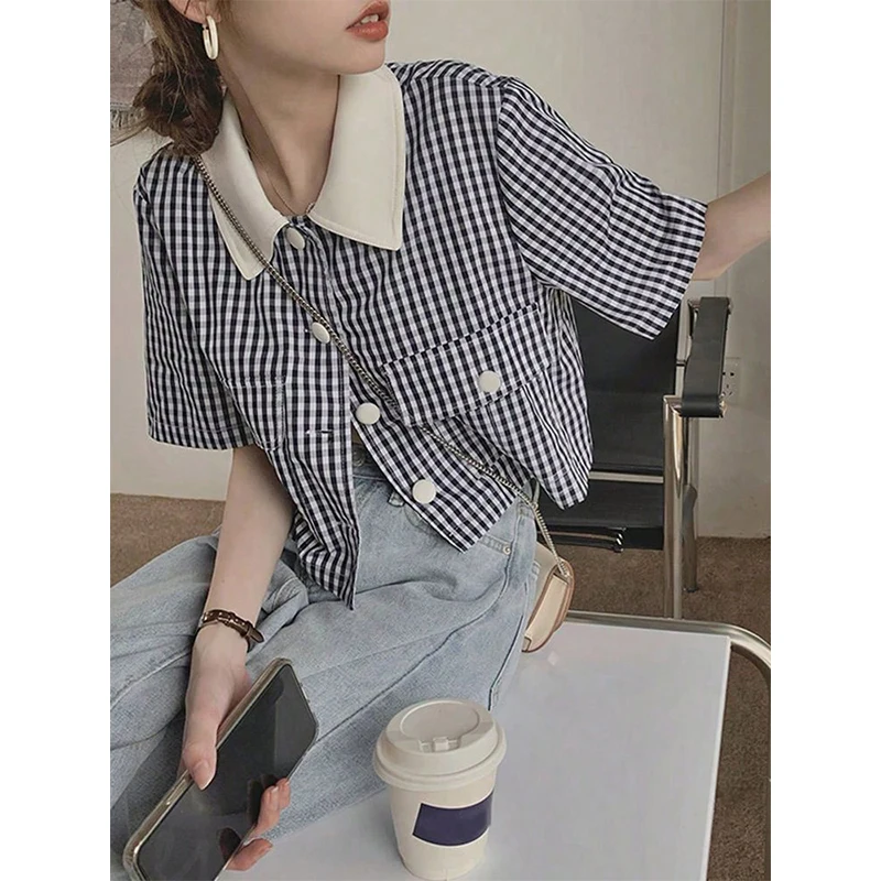 

Vintage Loose Plaid Simplicity Office Lady Polo Collar Short Sleeve Shirts Women Summer Fashion Trend All-match Casual Tops