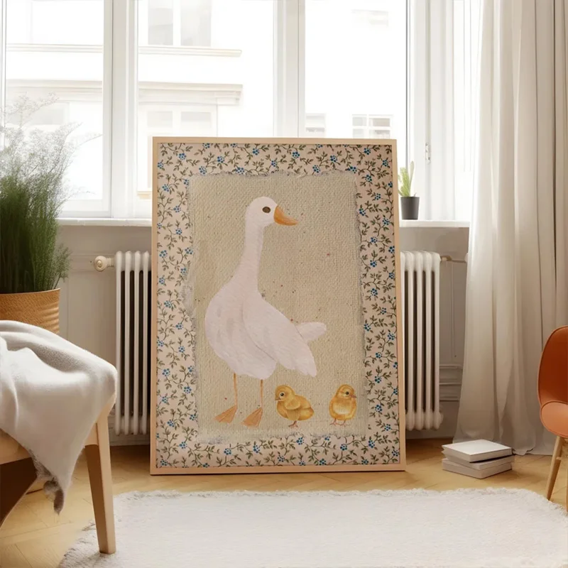 Cute Floral Mother Duck Art Poster Vintage Painting Animal Aesthetics Kids Decorative Wall Art Kindergarten Canvas Painting