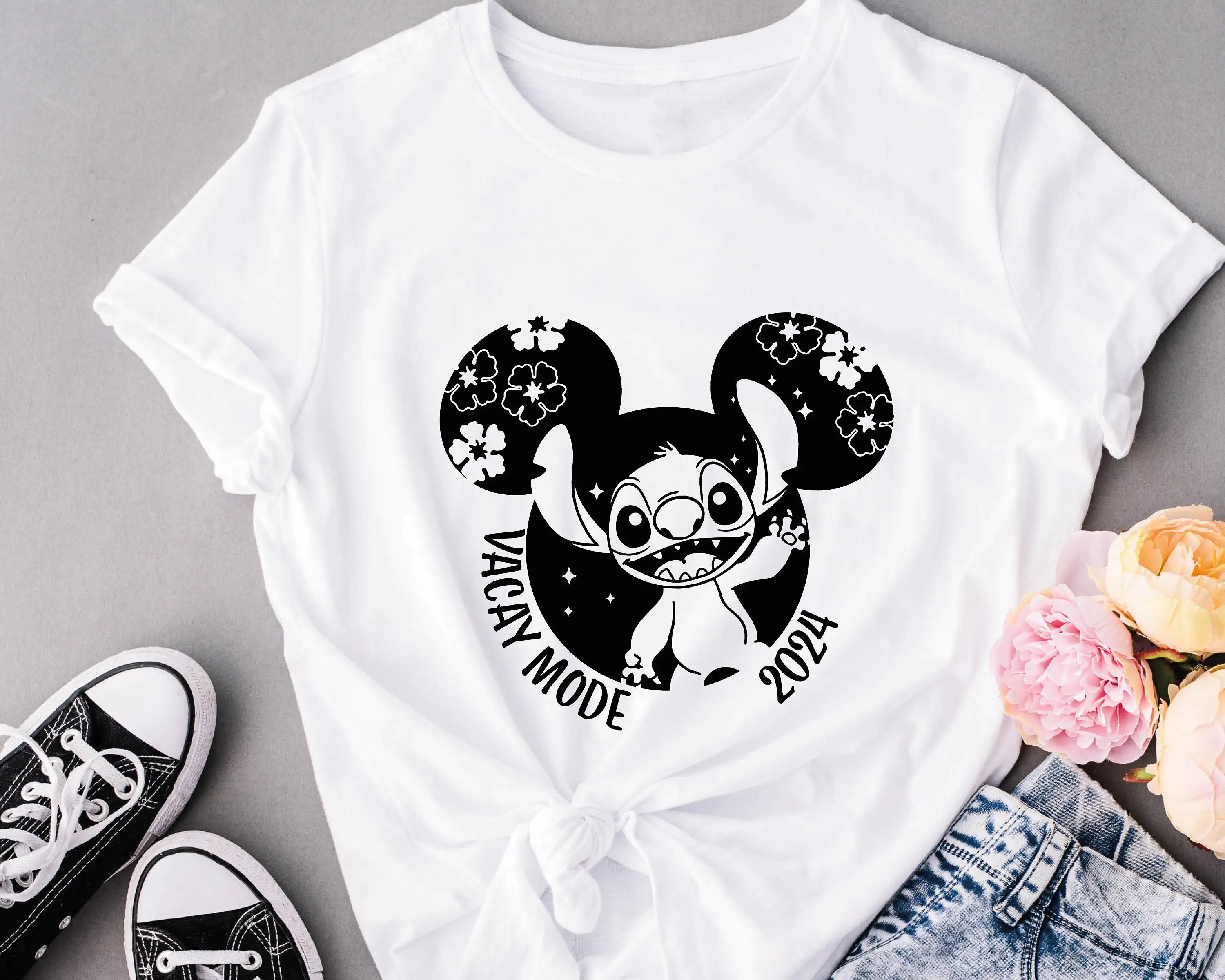 

Stitch Cartoon Graphic Printing Summer Autumn Winter Cotton Men's and Women's T-shirts Short Sleeves Luxury Outdoor Sports Brand