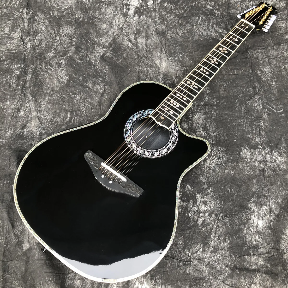 12 Strings Black Solid Spruce Acoustic Guitar Abalone Inlays Carbon Fiber Tortoise Shell Acoustic Ovation Electric EQ Guitar