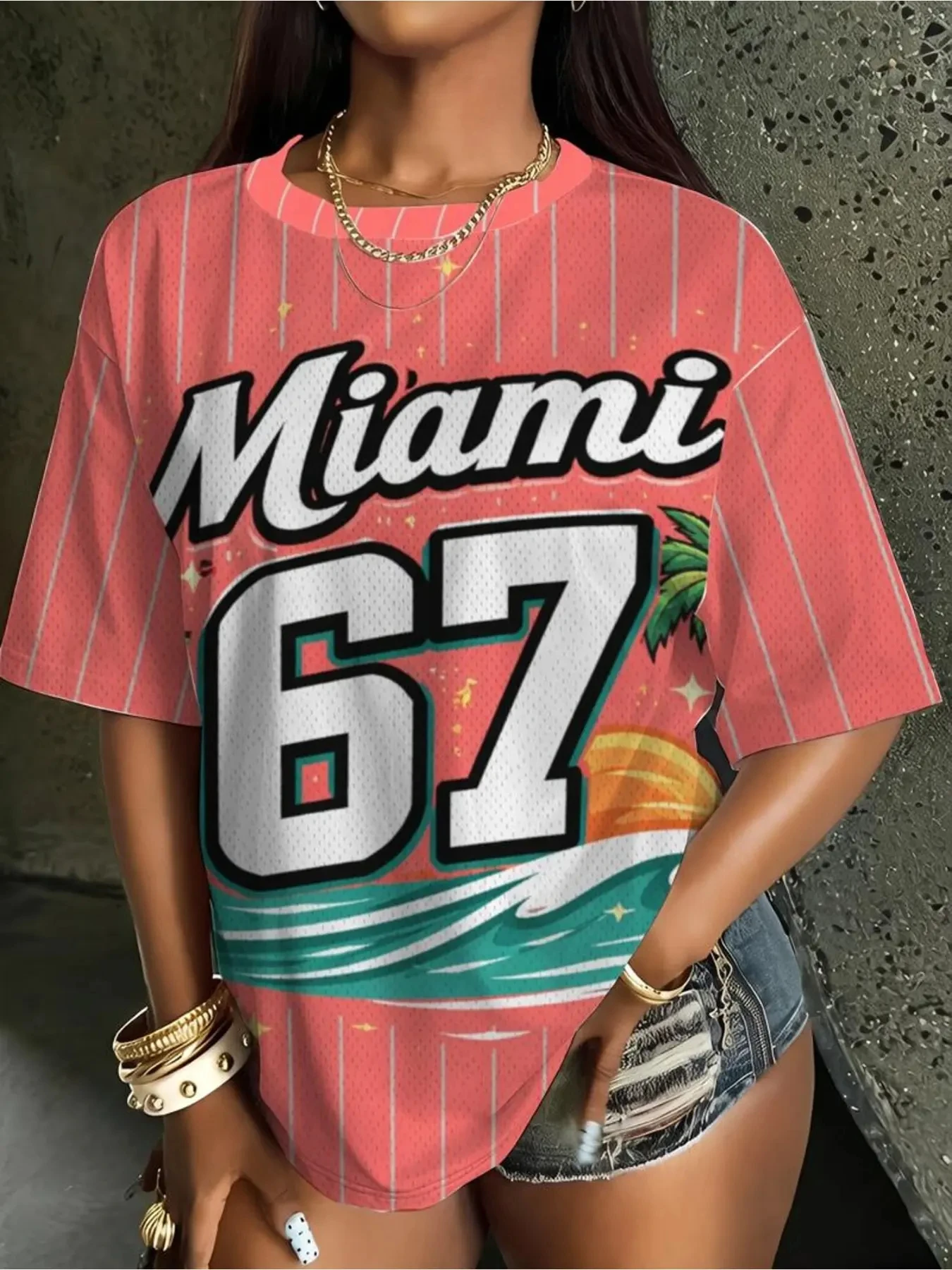 American Vintage Miami 67 Y2K Mesh Baseball Jersey for Women, Fitted, Pink  women clothing my body my choice oversized t shirt