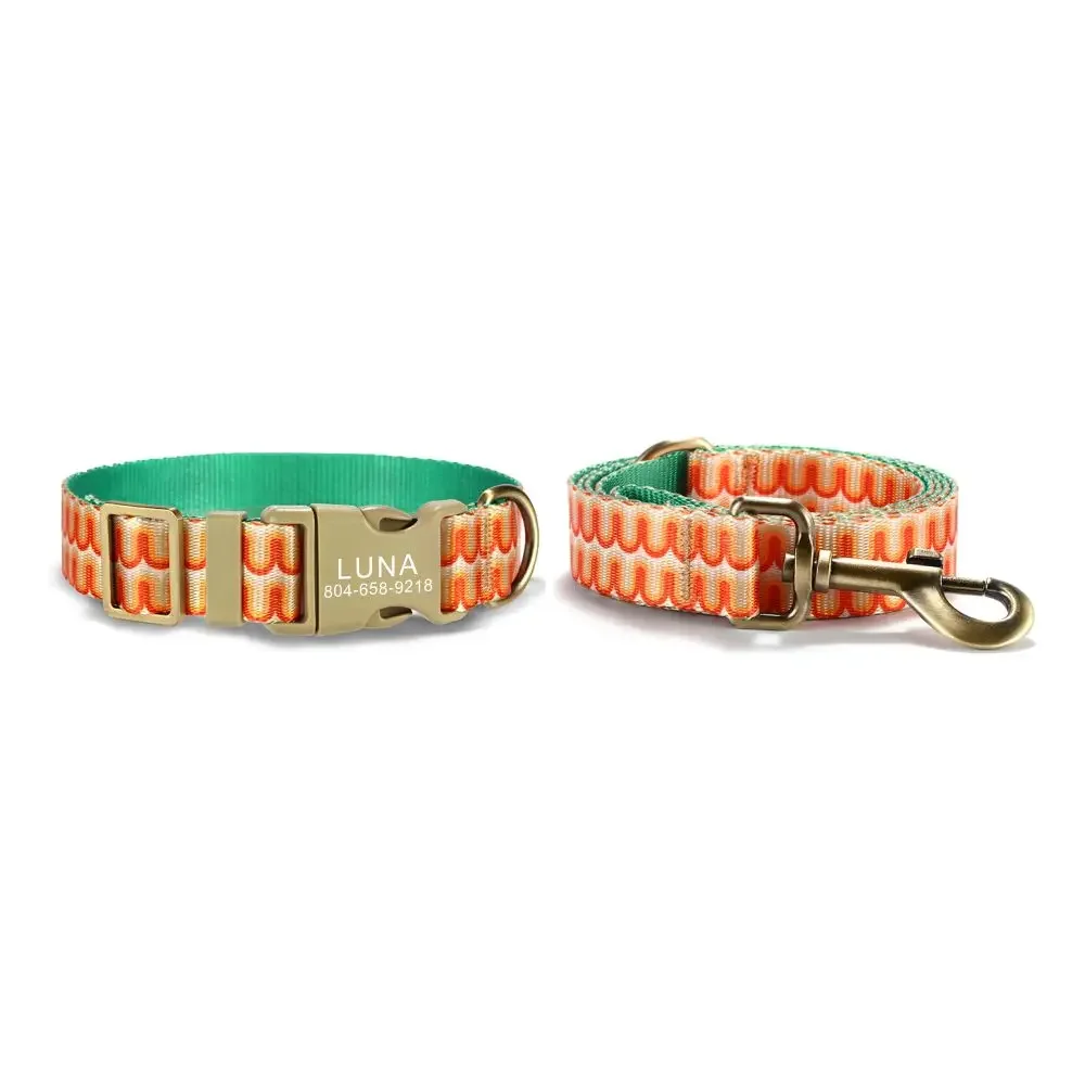 Personalized Pet Collar, Customized Nameplate ID, Adjustable Orange Big Wave Soft Fiber, Cat and Dog Collars, Lead Leash