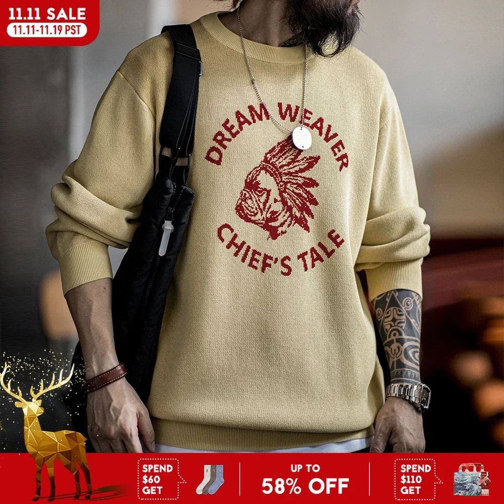 

Вязаный свитер Maden в стиле ретро с круглым вырезом и буквенным узором, повседневный пуловер, теплый свитер для мужчин, осенние и зимние универсальные топы