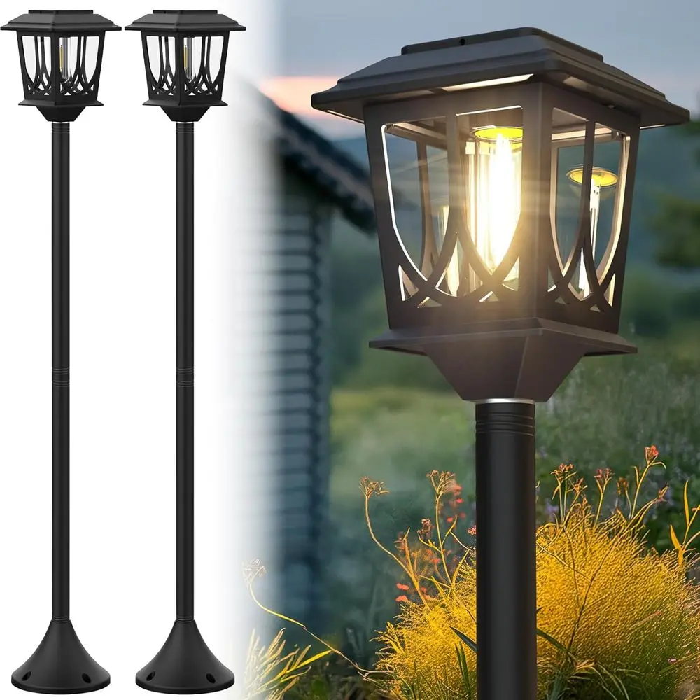 

2 Pack 40 Inch Metal Glass Outdoor Lights Waterproof Garden Pole Lights Auto Dusk-to-Dawn Warm White (2 Installations)