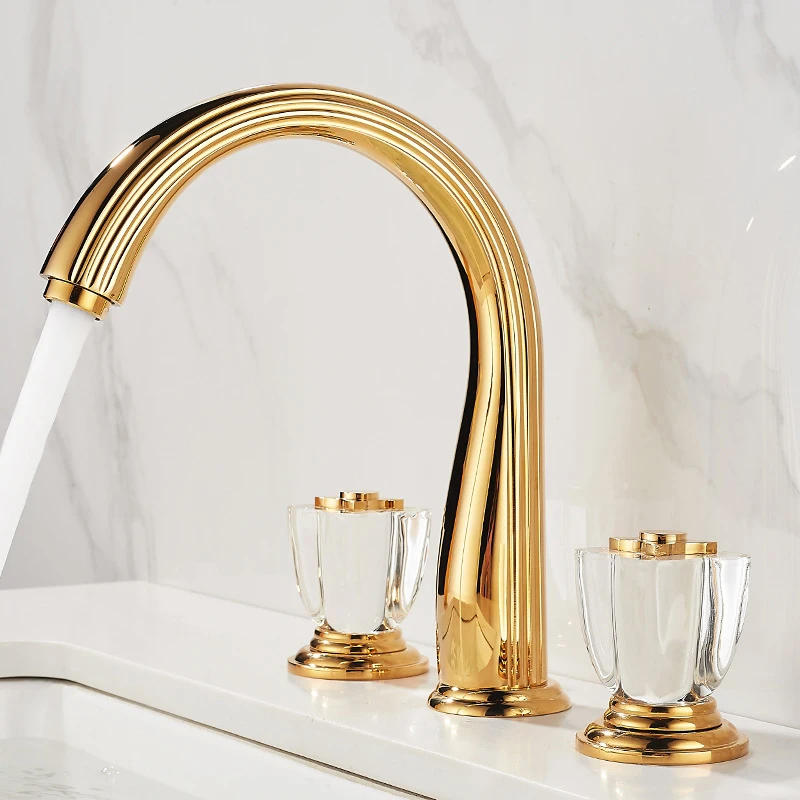 Basin Faucet Mixer Bathroom Sink Faucets Gold Paint Brass 3 Holes Double Handle Bathbasin Bathtub Taps Hot And Cold Water Taps