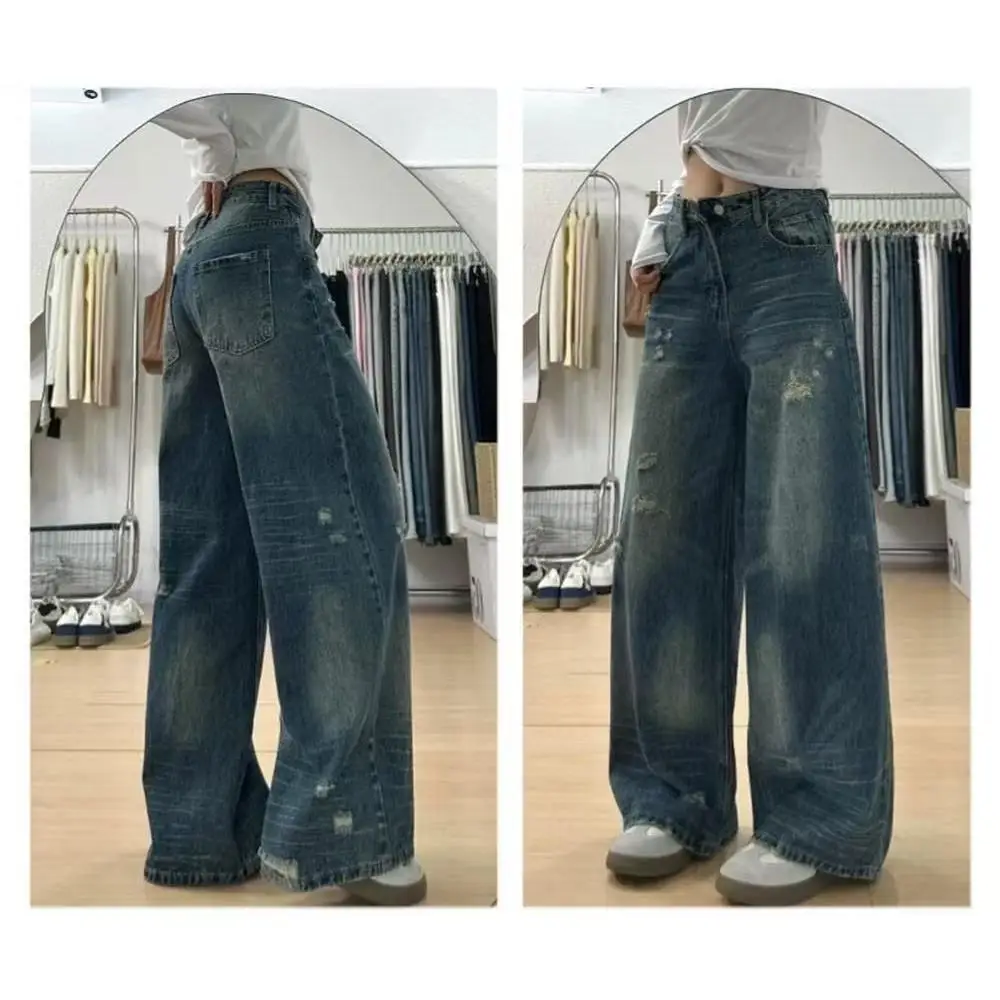 

Ретро-синие рваные джинсы с широкими штанинами для женщин, свободные, с эффектом потертости, в американском стиле, прямые, длинные брюки, модные повседневные, с высокой талией
