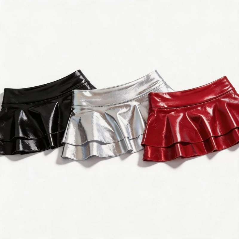 New Y2K Sexy Harajuku Shiny Metallic Silver Tiered Ruffle Low Waist Ultra Mini Skirt Women No Lining Fitted Daily Women's Skirts