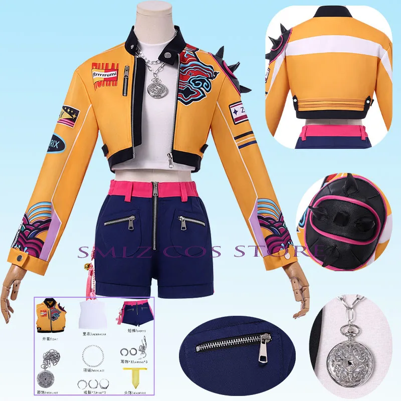 

Rumi Cosplay Movie KPop Devil Hunters Cosplay Costume Women Rumi Yellow Uniform Coat Shorts Accessories Set Party Outfits