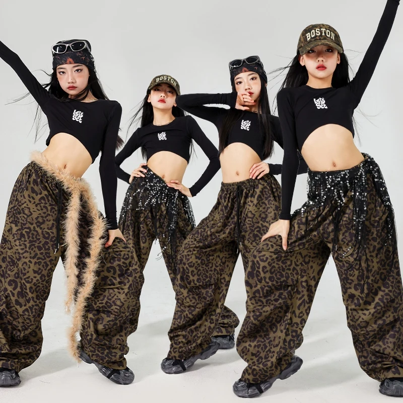 

Kpop Stage Costume Children Black Street Dance Suit Crop Tops Leopard Trousers Girls Jazz Dance Fashion Clothes Streetwear 1692