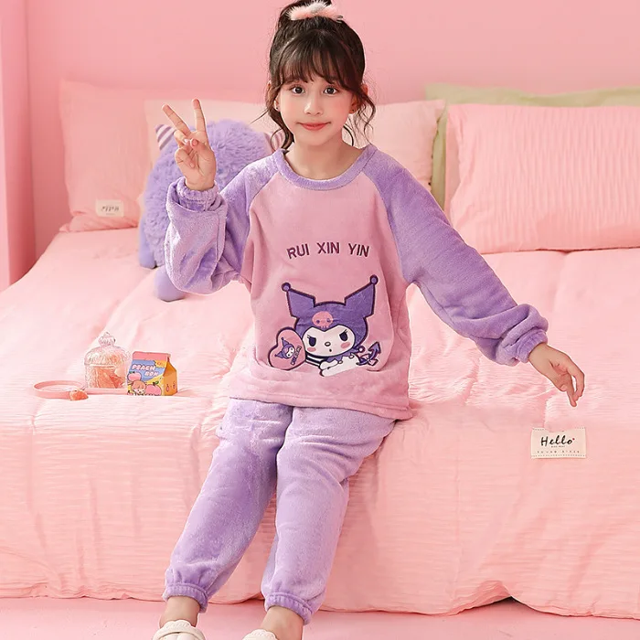 Miniso Children Pajama girl Sets Kawaii Anime Flannel Winter Kids Sleepwear Cute Autumn Pijamas Homewear Girl Warm Loungewear