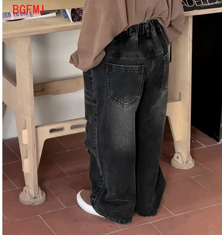 2-9Y Girl Boys Loose Casual Jeans Spring and Autumn New Children\'s Vintage Hole Long Pants Kids Boys Black Straight Leg Trousers