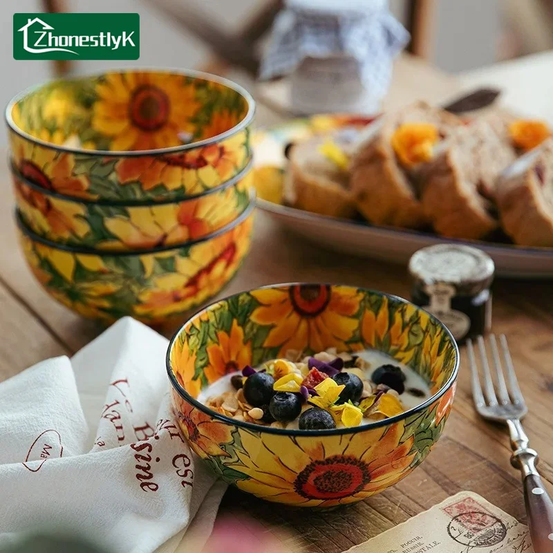 5-inch Japanese Cartoon Sunflower Noodle Bowl Household Rice Ceramic Bowl Rural Style Soup Bowls Home Tableware