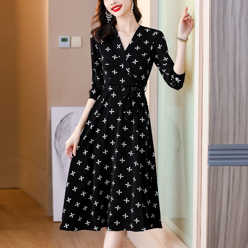 2025 Spring Black Print Knitting Long Sleeve Dress Korean Vintage Women Dress Elegant Bodycon Black Party Evening Vestidos