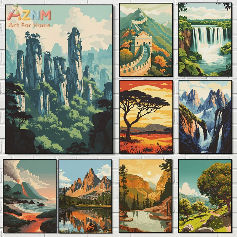 AZNM Vintage Travel Landscape Frameless Canvas Wall Art, Retro Mountain Waterfall Great Wall Print Poster for Living Room Decor