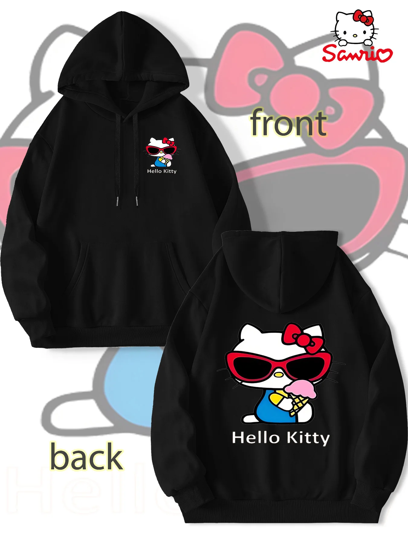 Neuer doppelseitig bedruckter, locker sitzender Damen-Hoodie mit Cartoon-Muster für Herbst/Winter und Sanrio-Logo. Unisex-Hoodie für Herbst/Winter