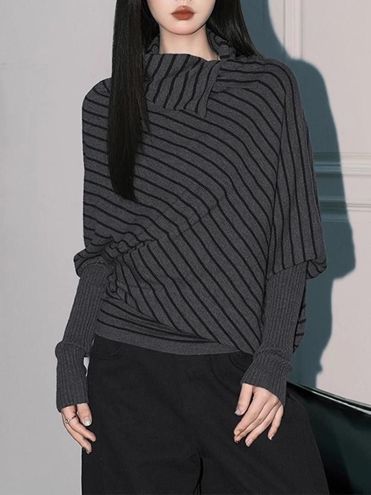 

Женский вязаный свитер в стиле ретро с полосками, рукавами «летучая мышь», свободного кроя, повседневный, с высоким воротником, на флисовой подкладке, стандартной длины