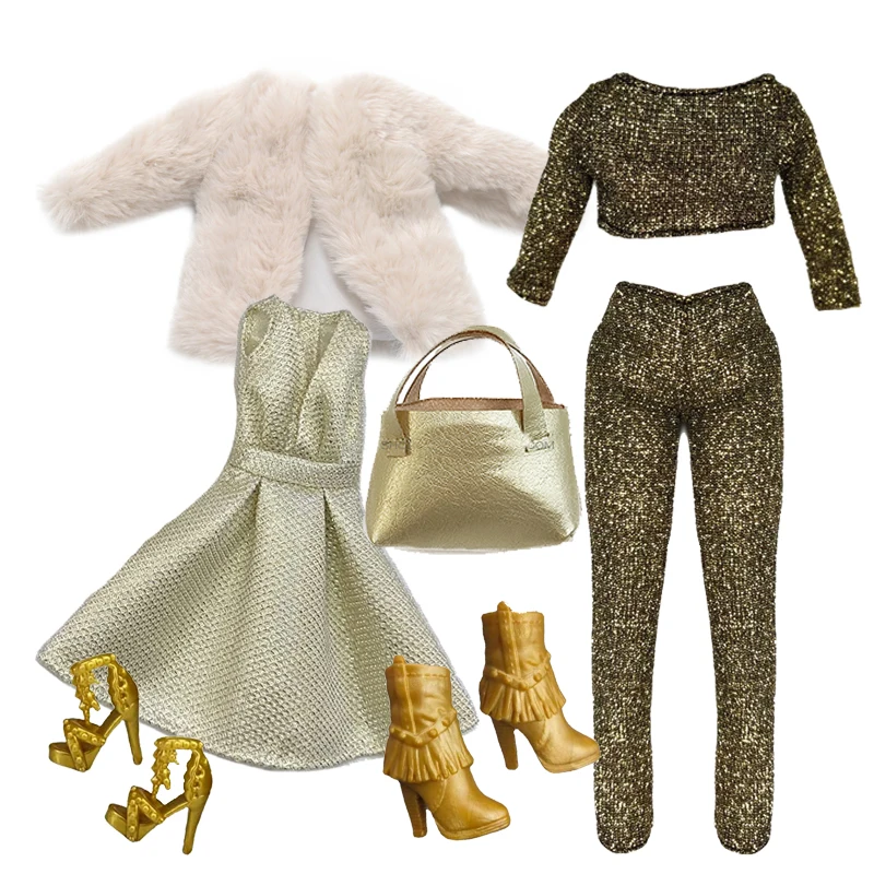 Fashion 1/6 Doll Clothing Set Suitable for 12 inch Doll Beige Fur Coat Black Gold Glitter Pants Dress Set