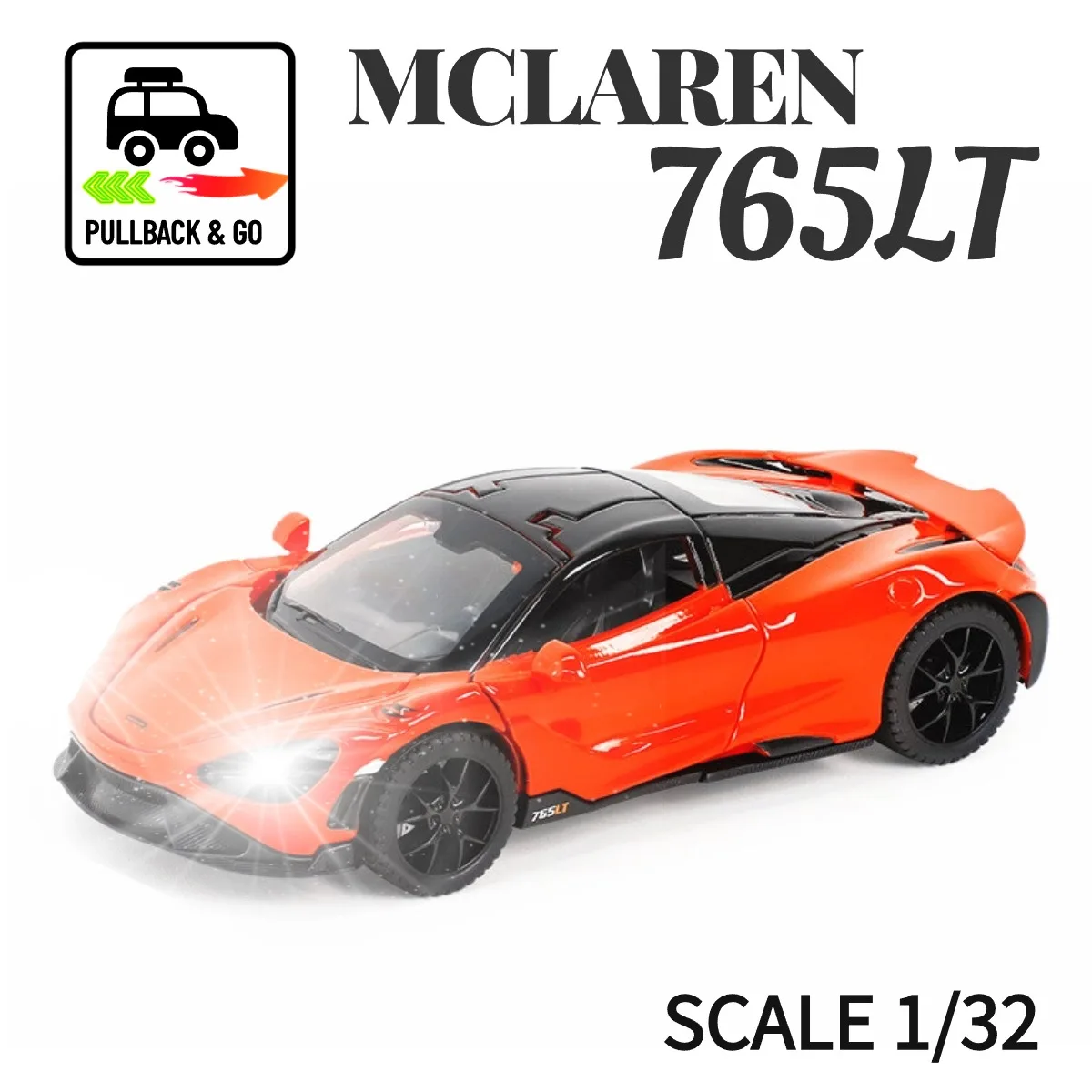 

1:32 Mclaren 765LT Pullback Car Toy with Lights Engine Sound, Metal Diecast Car Model Scale Replica Gift Kid Boy Toy