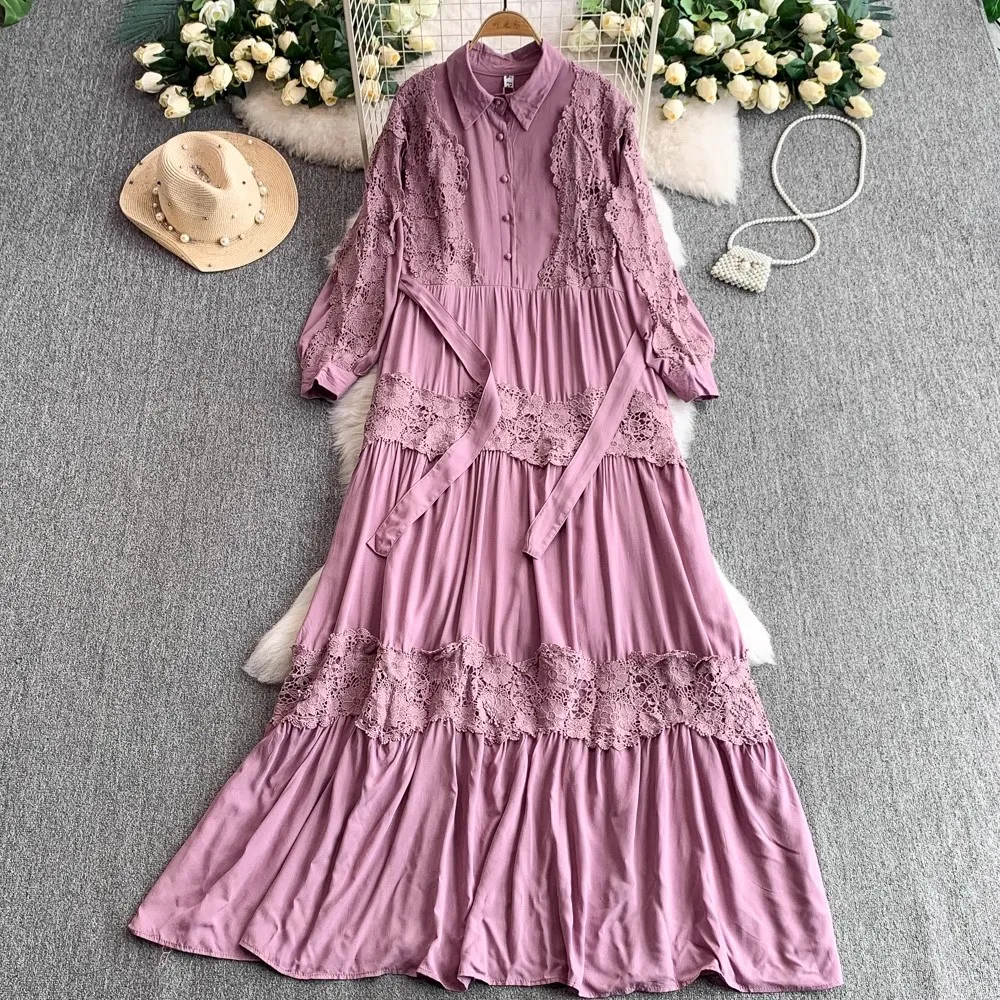 

French Lace Stitching Lapel Long-sleeve Shirt Dress Women Summer Belt Waist Cake Long Dress Casual Beach Holiday Dress Female