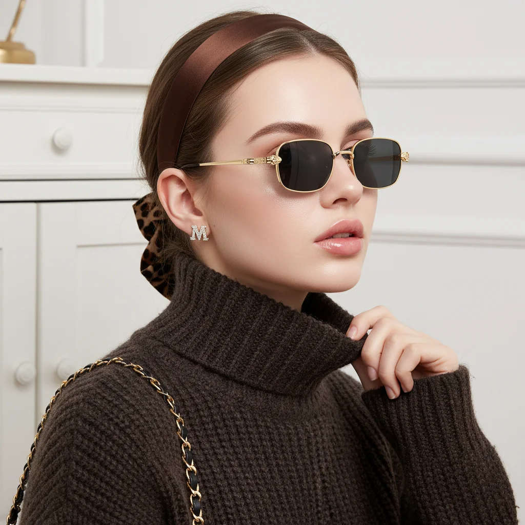 Luxuriöse quadratische Sonnenbrille mit Metallrahmen und gebogenen Wellenbügeln, blendfreie HD-Sicht-Sonnenbrille