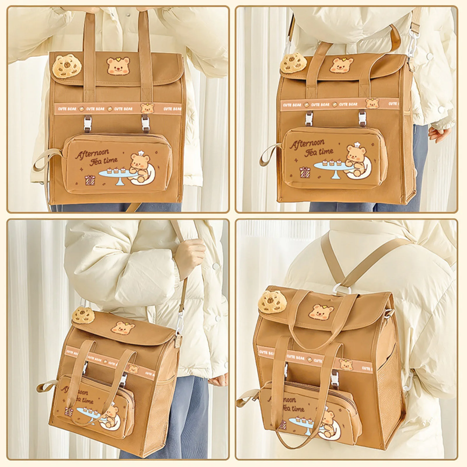 حقيبة ظهر لطيفة على شكل دب مع حزام قابل للفصل، متعددة الوظائف، سعة كبيرة، حقيبة طالب، منظم اللوازم المدرسية للأطفال والمراهقين