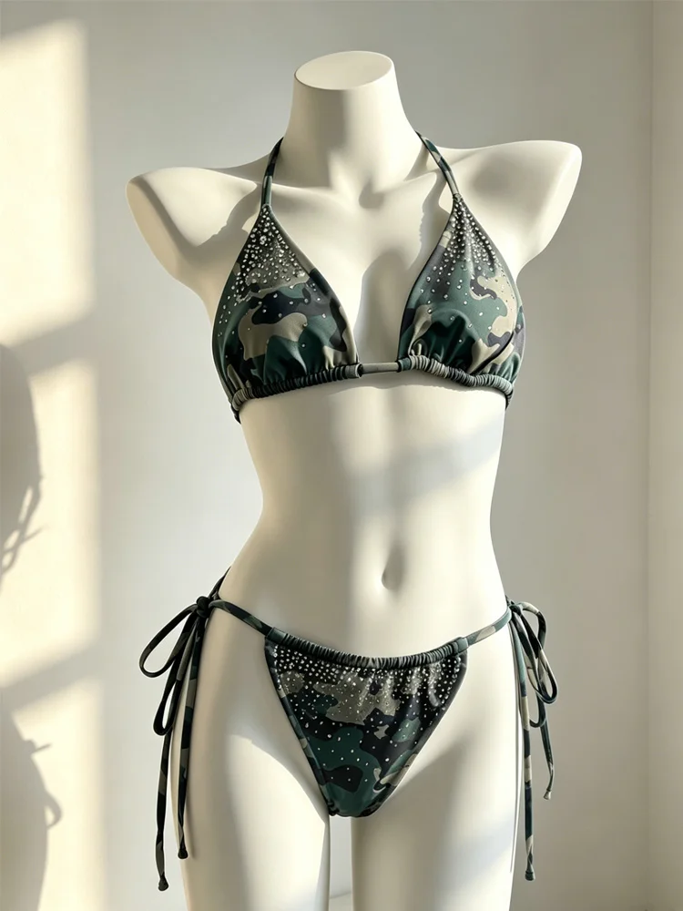 

New spicy girl style camouflage hot diamond strap bikini American ins retro triangle cup split swimsuit