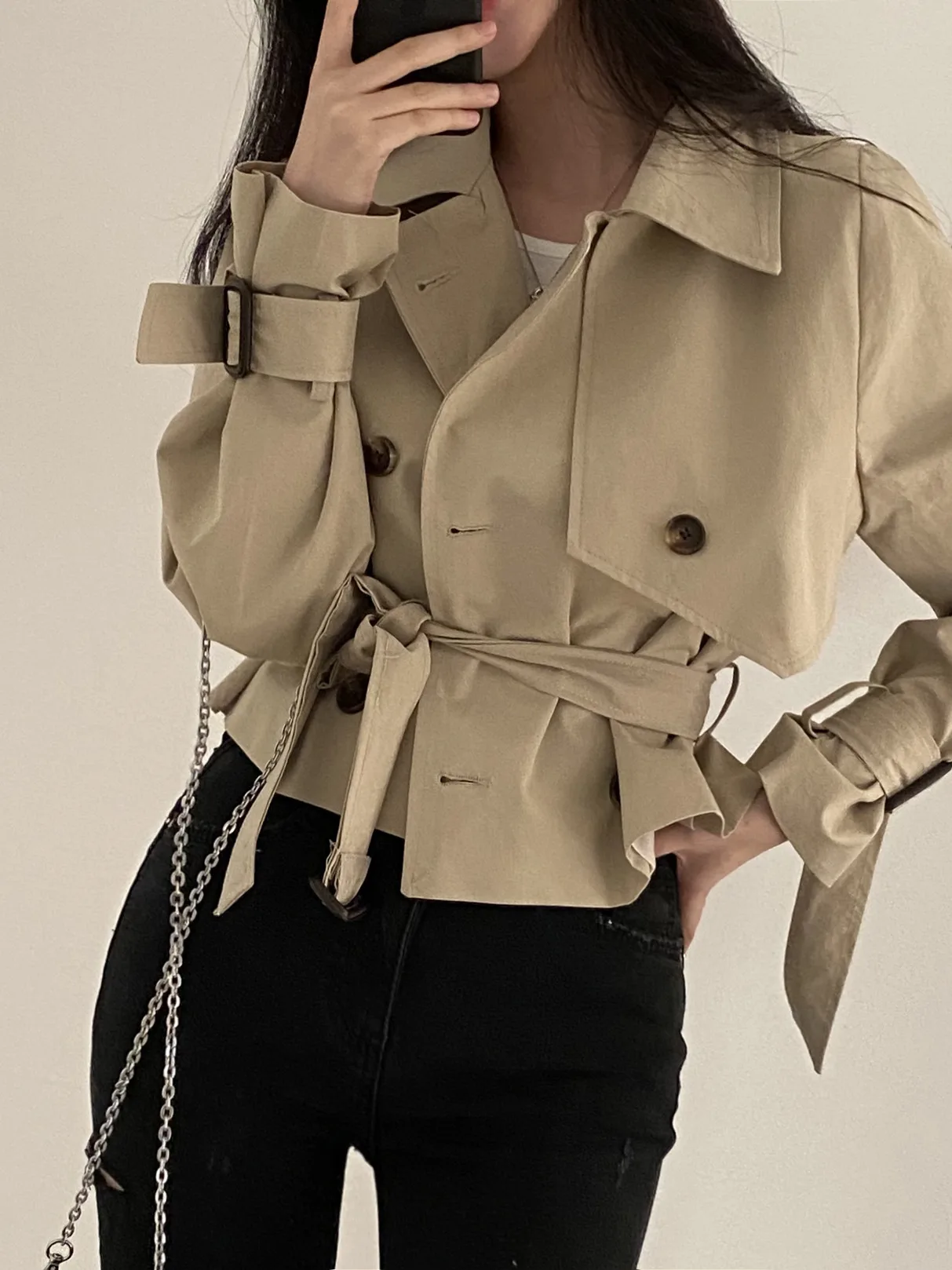 

Chic Autumnal Vintage ort Waist-Cinching Long Sve Double-Breasted Coat for Women Sli Commute-Friendly Loose Fit