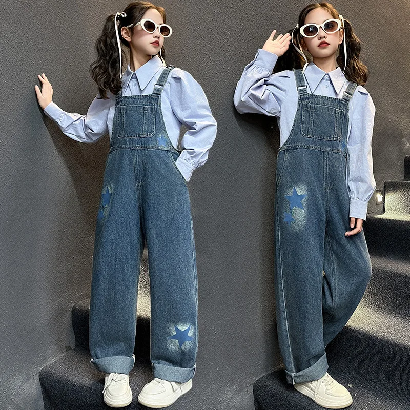 Fashion Kids Jeans Overalls for Baby Girls Blue Denim Jumpsuit Suspender Pants with Straps Children Age 5 6 7 8 9 10 11 12 13 14