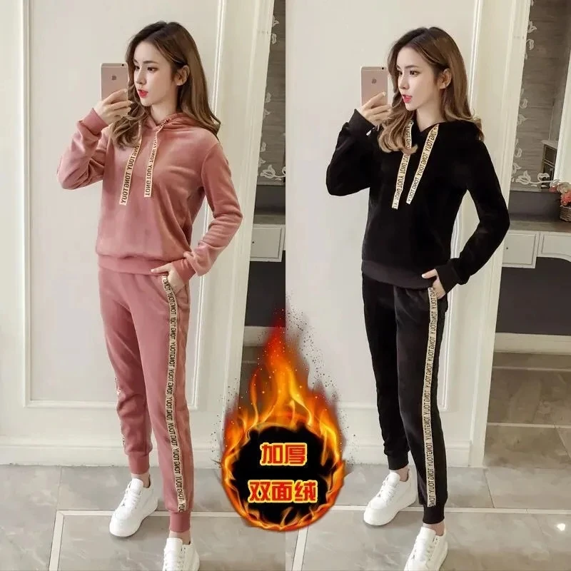 Women Velvet Tracksuits Autumn Winter Thicken Hooded Jacket + Trousers 2-piece Set Female Casual Gold Velvet Sportswear Suit