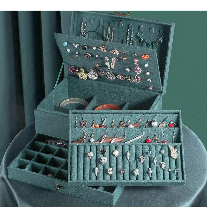 Flannel Embroidery Storage Box Drawer Type Separate Grid Makeup Bracelet Jewelry Organizer Earrings Necklace Hanging Rack