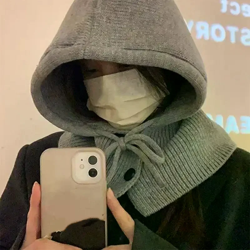 

Зимняя шапка-балаклава, теплая вязаная женская шапка с капюшоном, однотонная пуловерная шапка с воротником, уличные кашемировые шапки