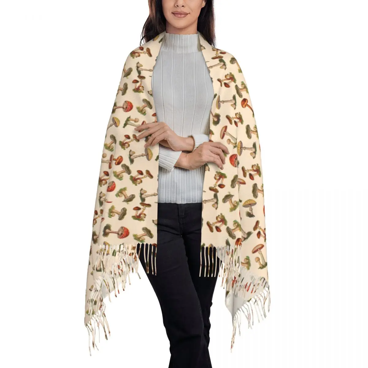 Mushrooms Scarf Wrap Women Long Winter Fall Warm Tassel Shawl Unisex Scarves