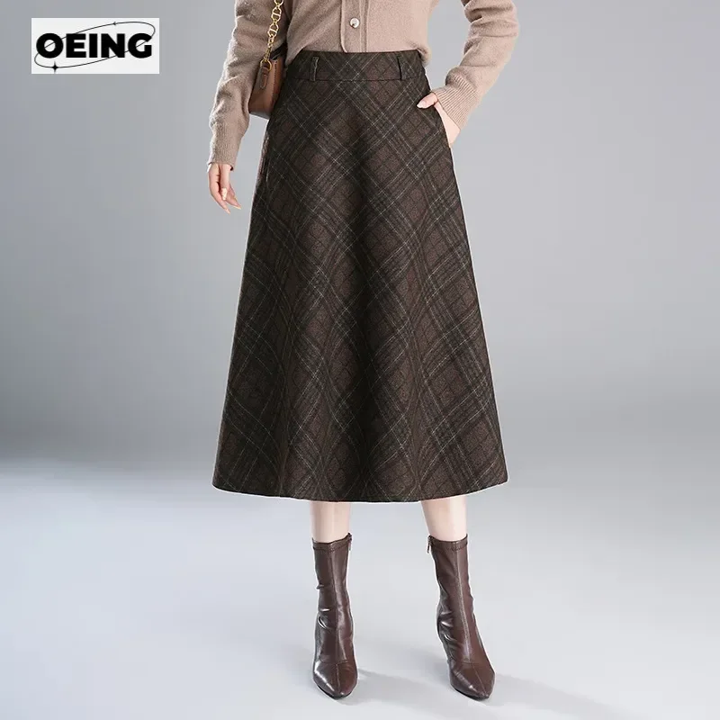 

Women Woolen Plaid Skirt Autumn Winter Think Elastic High Waist A-line Loose Casual Elegant Chic Long Skirts Office Lady 6989