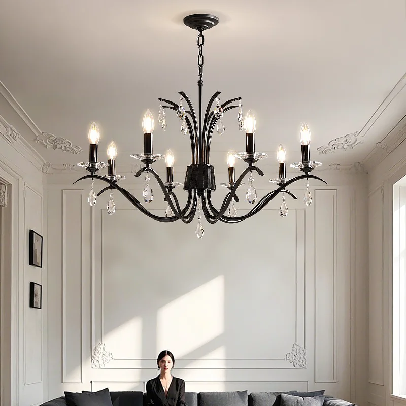 American Black E14 Candle Led Chandelier Retro Luxury Living Room Crystal Pendant Light Foyer Suspend