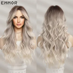 Emmor Synthetic Long Wavy Wigs with Bangs for Women Cosplay Natural Ombre Black to Light Blonde Hair Wig High Temperature Fiber