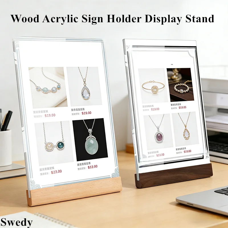 4 PCS A5 148X210MM Slant Acrylic Sign Holder Display Stand Picture Ad Brochure Flyer Frame Wood Menu Price Paper Poster Holder