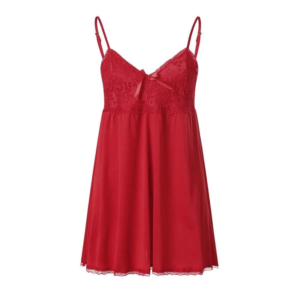 

Sweet Thin Women's Lace Pajamas Dress Lace Bow Split Lace Suspender Nightdress Party Dress V Neck Lace Slim Sling Nightgown Club