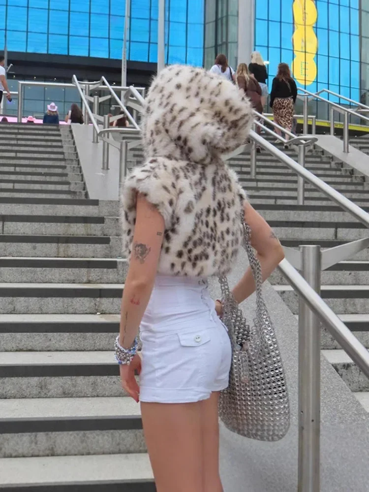 Y2K Cappotto corto in pelliccia sintetica pelosa con cappuccio con stampa leopardata sexy Abbigliamento donna Tendenza Halloween Cosplay Gilet in pelliccia sintetica Top in pelliccia da donna