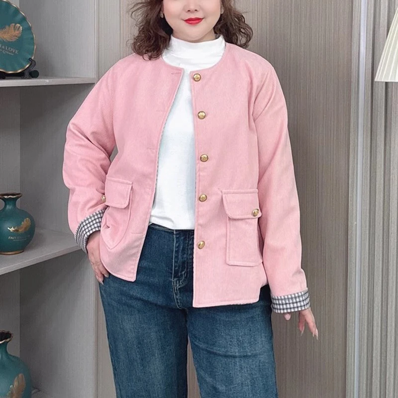 

Женская вельветовая укороченная куртка больших размеров в стиле ретро — повседневная верхняя одежда свободного кроя большого размера на весну/осень для пышных фигурок