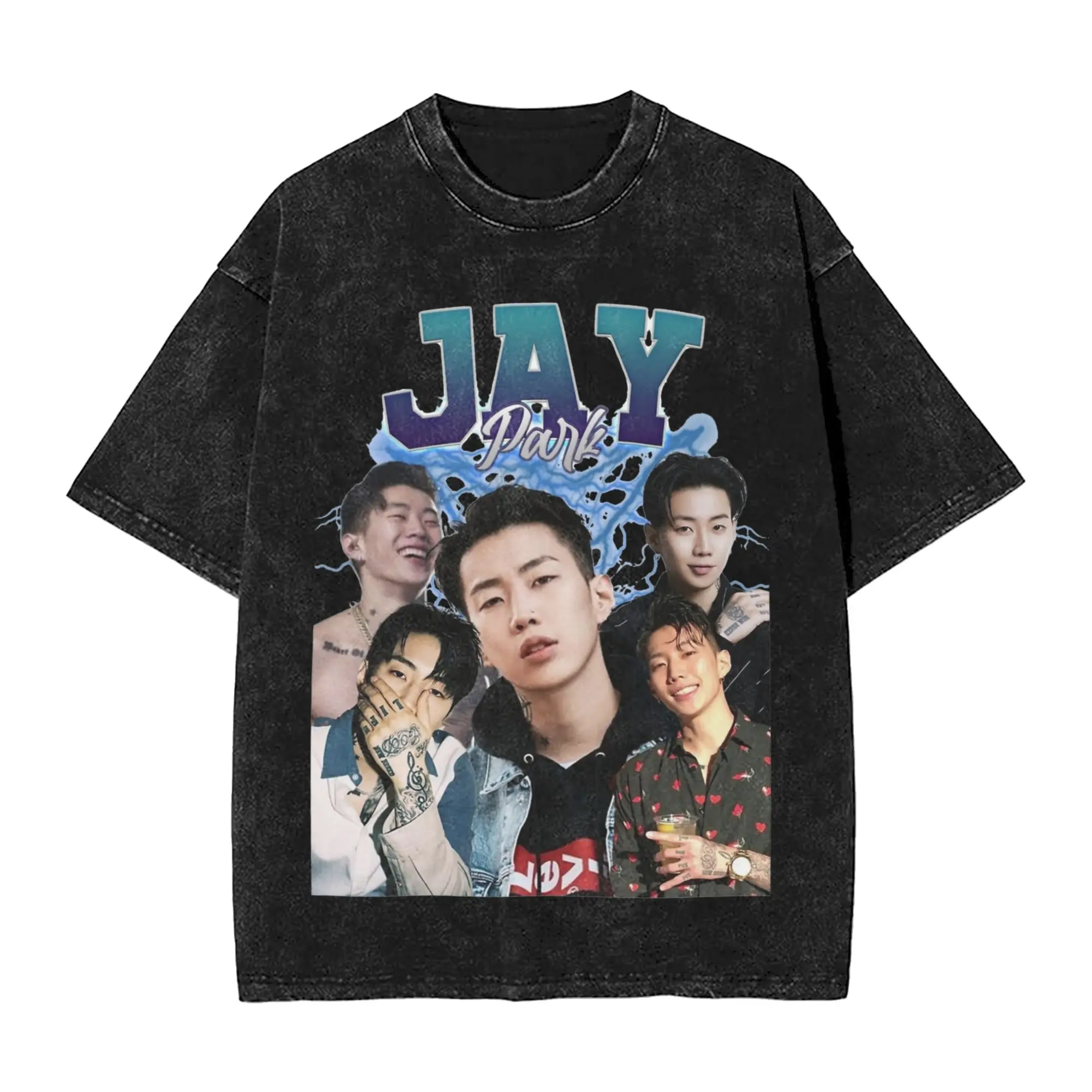 Printed Jay Park Retro Style Vintage Washed T Shirt Unisex Cotton Short Sleeve  Crewneck Summer Clothes