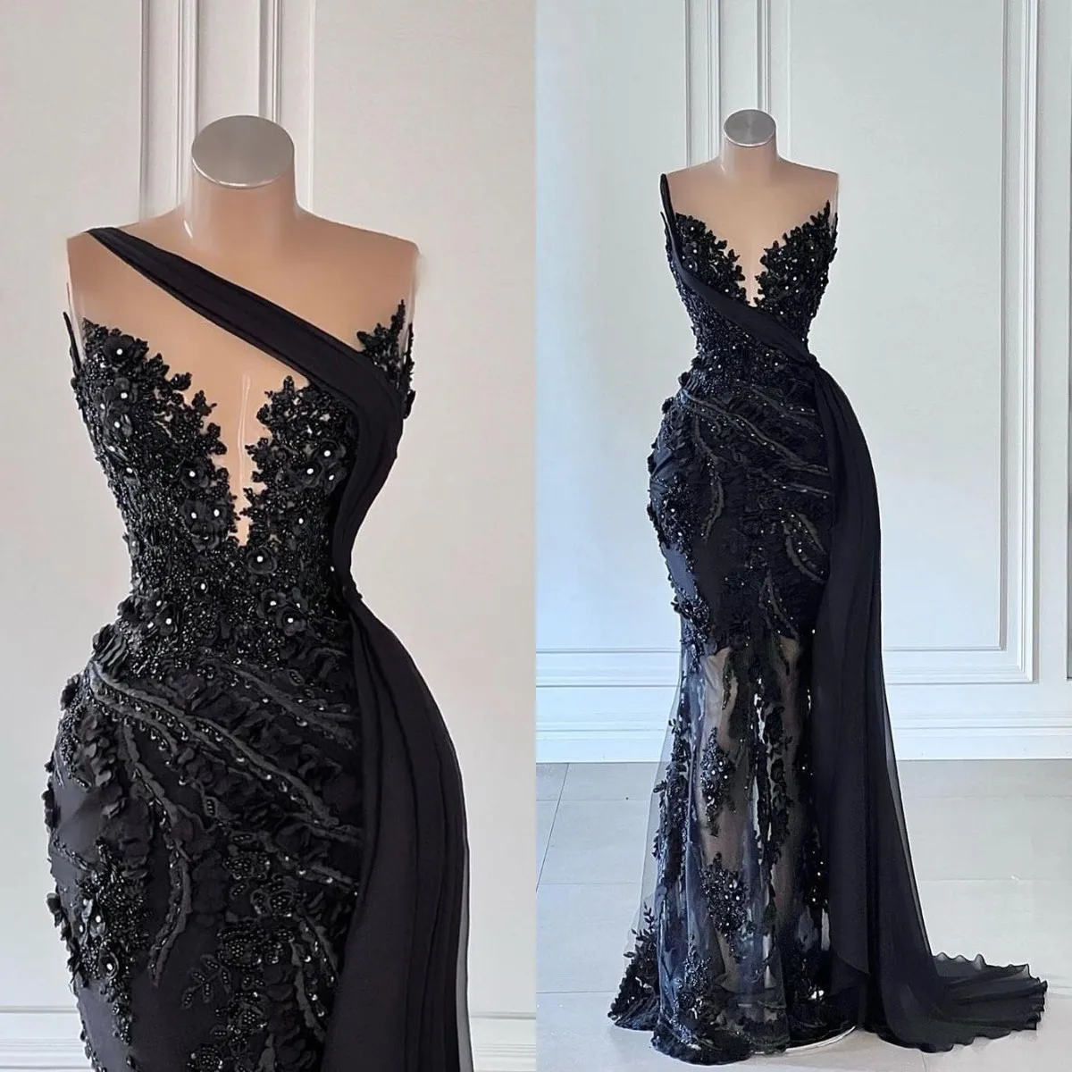 

Elegant Black One Shoulder Evening Dresses Luxury Beads Appliques Floral Sleeveless Women Prom Gowns Formal Party Robe de mariée