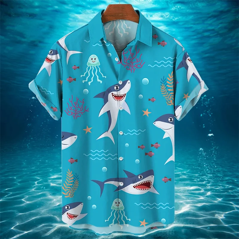 

Hawaii Men's Shirt 3D Animal Shark Print Summer Fashion Holiday Short Sleeves Sea World Shirts Lapel Button Men Clothing