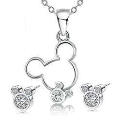 Rose Color Hollow Mouse Earing Necklaces Set For Women Clear Pink Crystal Minnie Pendant Necklaces Girl Choker Fashion